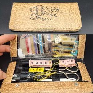 Vintage 1970s? Travel Sewing Kit, Tan Faux? Leather Case, Ready to go!, Vacation